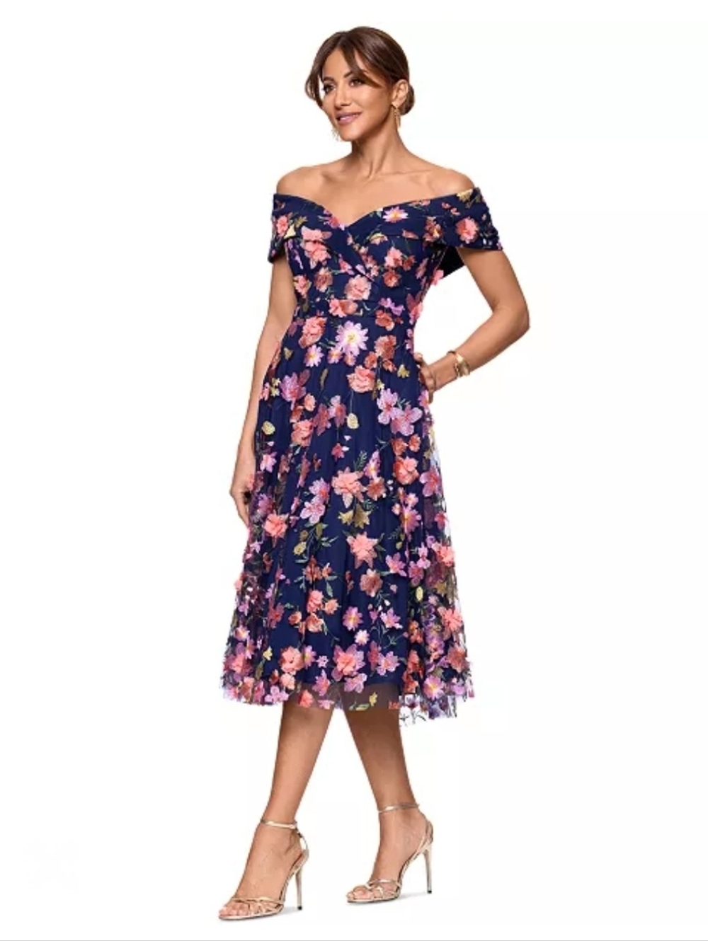 Xscape Off The-Shoulder Embroidered Floral Midi Dress Size 14 NWT $300 Formal